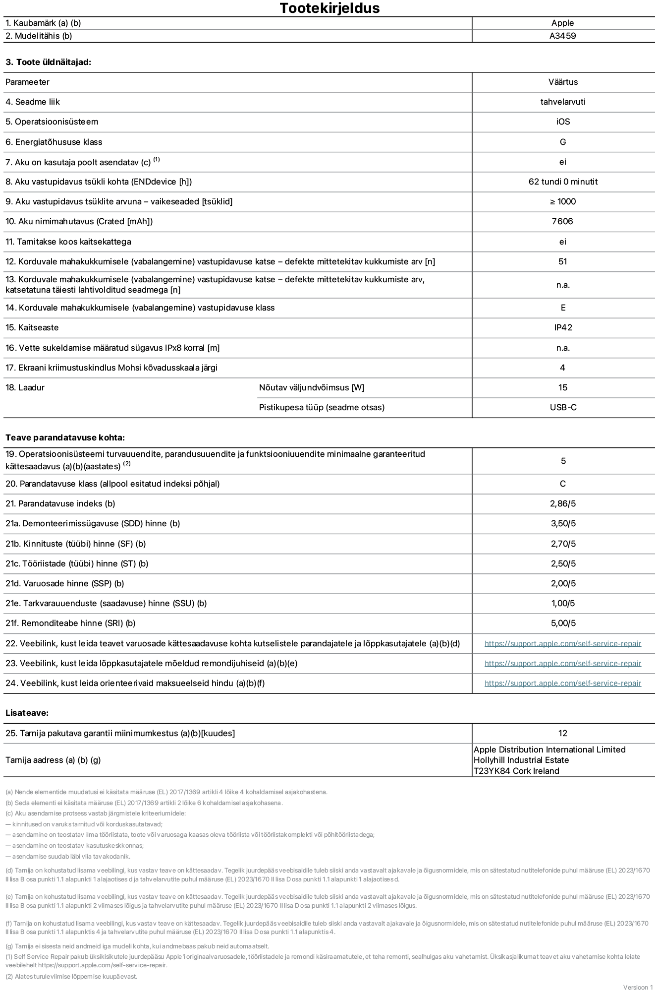 11-tollise iPad Air WiFi, mudeli A3459 toote infoleht. Tarnija on Apple Distribution International Limited, Hollyhill Industrial Estate. Cork, Iirimaa T23 YK84. Seadme tüüp: tahvelarvuti. Operatsioonisüsteem: iOS. Energiatõhususklass: G. Aku vahetatav kasutajale: ei. Aku vastupidavus tsükli kohta: 62 tundi. Aku kestvustsüklid – vaikesätted: suurem kui või võrdne 1000-ga. Akumaht: 7606 mAh. Tarnitakse kaitsekattega: ei. Korduv vabalangemise usaldusväärsustest – kukub ilma defektita: suurem kui või võrdne 51-ga. Korduv vabalangemise usaldusväärsustest – kukub ilma defektita täielikult väljaulatatuna: pole kohaldatav. Korduv vabalangemise usaldusväärsusklass: E. Tolmu- ja veekindluse kaitse hinnang: IP42. Määratud iPx8 sukeldumissügavus vees: pole kohaldatav. Ekraani kriimustuskindlus Mohsi kõvaduse skaalal: 4. Laadija nõutav väljundvõimsus: 15 W. Laadija tüüp (seadmel): USB-C. Opsüsteemi turva-, korrektiiv- ja funktsionaalsusvärskenduste minimaalne tagatud saadavus: 5 aastat. Parandatavusklass: C. Parandatavusindeks: 2,86/5. Lahtivõtmise sügavuse (SDD) hinne: 3,50/5. Kinnitusdetailide hinne: 2,70/5. Tööriistade hinne: 2,50/5. Varuosade hinne: 2,00/5. Tarkvaravärskenduste hinne: 1,00/5. Parandusteabe hinne: 5,00/5. Teave varuosade kättesaadavuse kohta professionaalsetele parandajatele ja lõppkasutajatele: https://support.sg.aijiasu.xyz/self-service-repair. Parandusjuhised lõppkasutajatele: https://support.sg.aijiasu.xyz/self-service-repair. Soovituslikud maksueelsed hinnad: https://support.sg.aijiasu.xyz/self-service-repair. 12-kuune üldgarantii.