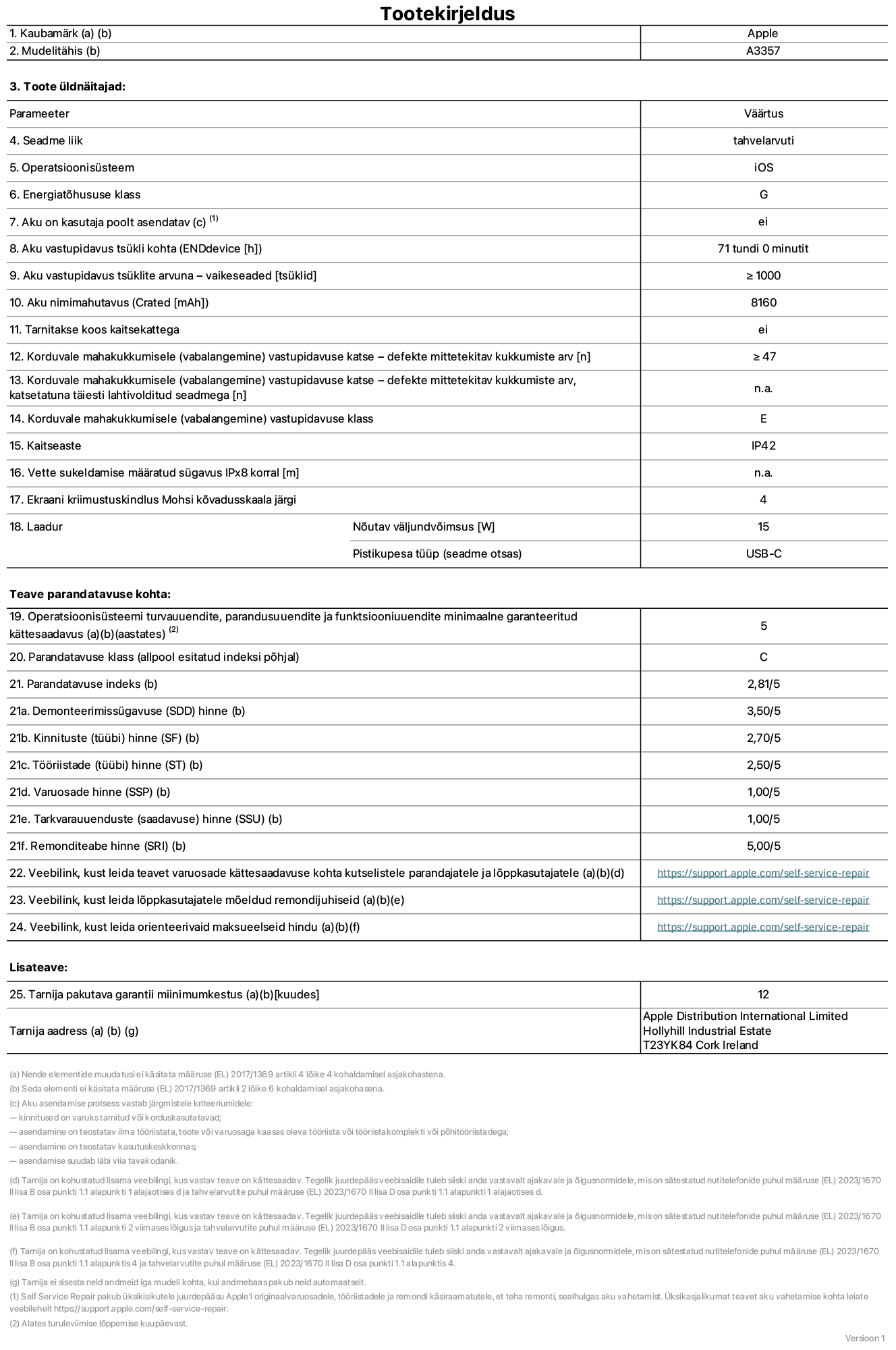 11-tollise iPad Pro M5 WiFi, mudeli A3357 toote infoleht. Tarnija on Apple Distribution International Limited, Hollyhill Industrial Estate. Cork, Ireland T23 YK84. Seadme tüüp: tahvelarvuti. Operatsioonisüsteem: iOS. Energiatõhususklass: G. Aku vahetatav kasutajale: ei. Aku vastupidavus tsükli kohta: 71 tundi. Aku kestvustsüklid – vaikesätted: suurem või võrdne 1000-ga. Akumaht: 8160 mAh. Tarnitakse kaitsekattega: ei. Korduv vabalangemise usaldusväärsustest – kukub ilma defektita: ≥ 47. Korduv vabalangemise usaldusväärsustest – kukub ilma defektita täielikult väljaulatatuna: pole kohaldatav. Korduv vabalangemise usaldusväärsusklass: E. Tolmu- ja veekindluse kaitse hinnang: IP42. Määratud iPx8 sukeldumissügavus: pole kohaldatav. Ekraani kriimustuskindlus Mohsi kõvaduse skaalal: 4. Laadija nõutav väljundvõimsus: 15 W. Laadija tüüp (seadmel): USB-C. Opsüsteemi turva-, korrektiiv- ja funktsionaalsusvärskenduste minimaalne tagatud saadavus: 5 aastat. Parandatavusklass: C. Parandatavusindeks: 2,81/5. Lahtivõtmise sügavuse (SDD) hinne: 3,50/5. Kinnitusdetailide hinne: 2,70/5. Tööriistade hinne: 2,50/5. Varuosade hinne: 1,00/5. Tarkvaravärskenduste hinne: 1,00/5. Parandusteabe hinne: 5,00/5. Teave varuosade kättesaadavuse kohta professionaalsetele parandajatele ja lõppkasutajatele: https://support.sg.aijiasu.xyz/self-service-repair. Parandusjuhised lõppkasutajatele: https://support.sg.aijiasu.xyz/self-service-repair. Soovituslikud maksueelsed hinnad: https://support.sg.aijiasu.xyz/self-service-repair. 12-kuune üldgarantii.