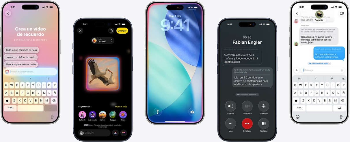Cinco dispositivos iPhone que muestran prestaciones de Apple Intelligence: creación de un vídeo de recuerdos, generación de imágenes en Image Playground, pantalla de bloqueo de iOS con un destello en el contorno, traducción en tiempo real de una llamada de teléfono y traducción en tiempo real de mensajes.