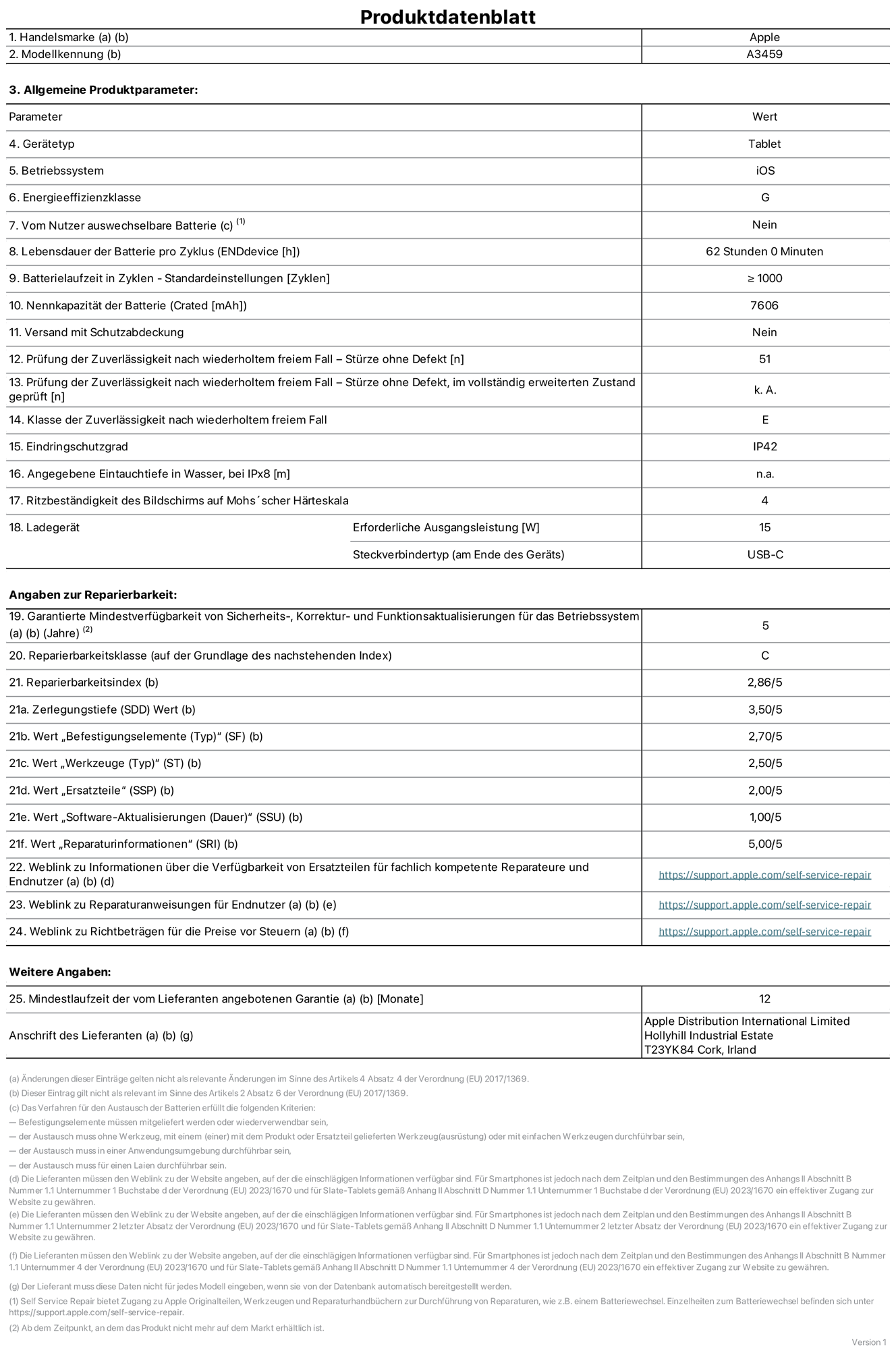 Produktinformationsblatt für das 11" iPad Air Wi‑Fi, Modell  A3459. Bereitgestellt von Apple Distribution International Limited, Hollyhill Industrial Estate. Cork, Irland, T23 YK84. Gerätetyp: Tablet. Betriebssystem: iOS. Energieeffizienzklasse: G. Von Nutzer:innen auswechselbare Batterie: Nein. Batterielaufzeit pro Zyklus: 62 Std. Batterielaufzeit in Zyklen – Standardeinstellungen: ≥ 1.000. Nennkapazität der Batterie: 7.606 mAh. Versand mit Schutzabdeckung: Nein. Prüfung der Zuverlässigkeit nach wiederholtem freiem Fall – Stürze ohne Defekt: 51. Prüfung der Zuverlässigkeit nach wiederholtem freiem Fall – Stürze ohne Defekt, im vollständig erweiterten Zustand geprüft: nicht zutreffend. Klasse der Zuverlässigkeit nach wiederholtem freiem Fall: E. Eindringschutzgrad: IP42. Angegebene Eintauchtiefe in Wasser, bei iPx8: nicht zutreffend. Ritzbeständigkeit des Displays auf Mohs’scher Härteskala: 4. Erforderliche Ausgangsleistung des Ladegeräts: 15 W. Anschluss Ladegerät (am Ende des Geräts): USB‑C. Garantierte Mindestverfügbarkeit von Sicherheits‑, Korrektur‑ und Funktionsaktualisierungen für das Betriebssystem: 5 Jahre. Reparierbarkeitsklasse: C. Reparierbarkeitsindex: 2,86/5. Wert „Zerlegungstiefe“ (SDD): 3,50/5. Wert „Befestigungselemente“: 2,70/5. Wert „Werkzeuge“: 2,50/5. Wert „Ersatzteile“: 2,00/5. Wert „Software-Aktualisierungen“: 1,00/5. Wert „Reparaturinformationen“: 5,00/5. Weblink zu Informationen über die Verfügbarkeit von Ersatzteilen für fachlich kompetente Reparaturanbieter und Endnutzer:innen: https://support.sg.aijiasu.xyz/self-service-repair. Weblink zu Reparaturanweisungen für Endnutzer:innen: https://support.sg.aijiasu.xyz/self-service-repair. Weblink zu Richtbeträgen für die Preise vor Steuern: https://support.sg.aijiasu.xyz/self-service-repair. 12 Monate angebotene allgemeine Garantie.