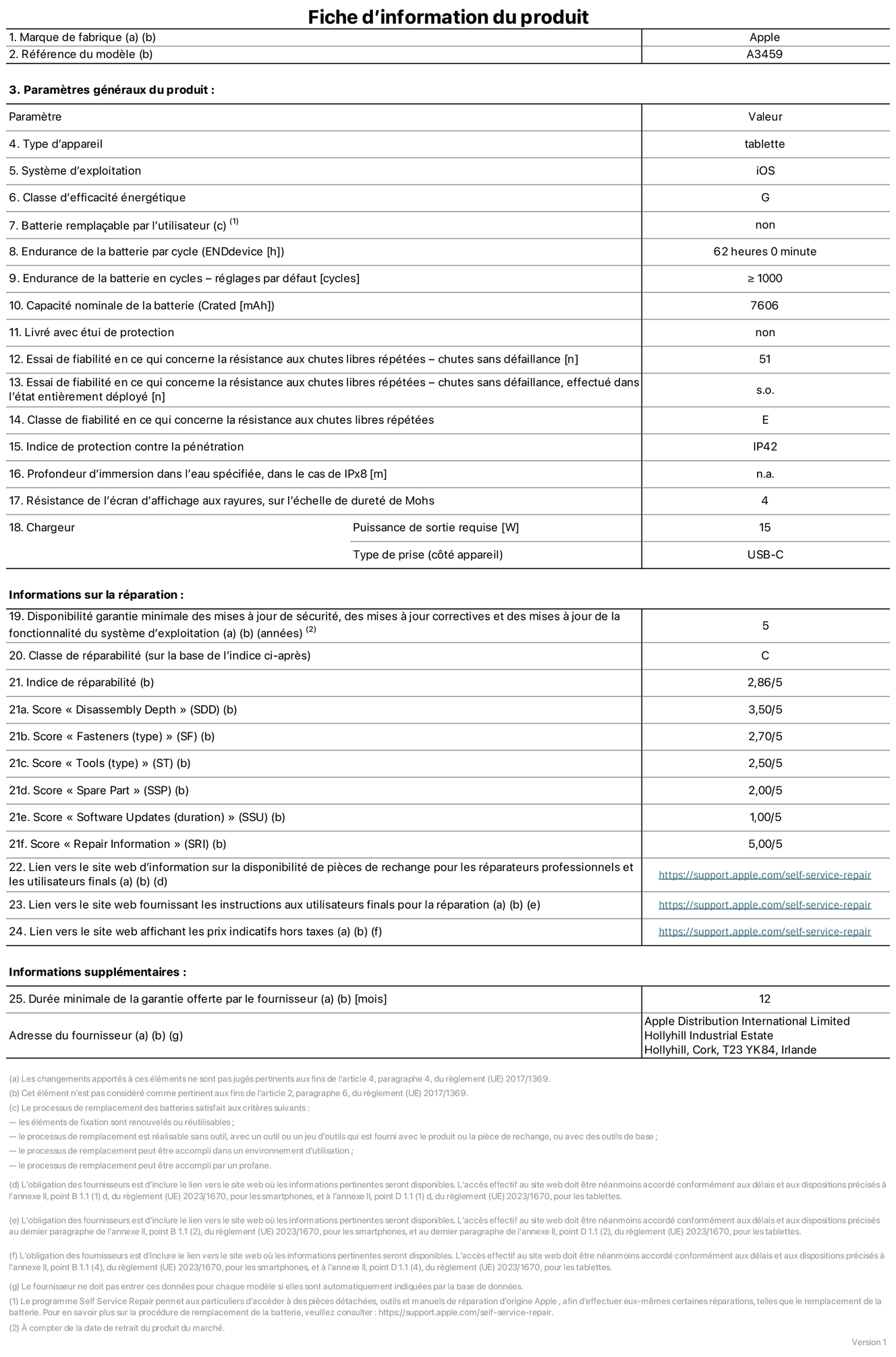 Fiche d’informations produit de l’iPad Air 11 pouces Wi‑Fi, modèle A3459. Fournie par Apple Distribution International Limited, Hollyhill Industrial Estate. Cork, T23 YK84, Irlande. Type d’appareil : tablette. Système d’exploitation : iOS. Classe d’efficacité énergétique : G. Batterie remplaçable par l’utilisateur : non. Endurance de la batterie par cycle : 62 heures. Endurance de la batterie en cycles – réglages par défaut : supérieure ou égale à 1 000. Capacité nominale de la batterie : 7 606 mAh. Livré avec étui de protection : non. Essai de fiabilité en ce qui concerne la résistance aux chutes libres répétées – chutes sans défaillance : 51. Essai de fiabilité en ce qui concerne la résistance aux chutes libres répétées – chutes sans défaillance, effectué dans l’état entièrement déployé : non applicable. Classe de fiabilité en ce qui concerne la résistance aux chutes libres répétées : E. Indice de protection contre la pénétration : IP42. Profondeur d’immersion dans l’eau spécifiée, dans le cas de l’IPx8 : non applicable. Résistance de l’écran d’affichage aux rayures sur l’échelle de dureté de Mohs : 4. Puissance de sortie requise du chargeur : 15 W. Type de prise (côté appareil) : USB‑C. Disponibilité garantie minimale des mises à jour de sécurité, des mises à jour correctives et des mises à jour de la fonctionnalité du système d’exploitation : 5 ans. Classe de réparabilité : C. Indice de réparabilité : 2,86/5. Score pour la profondeur de désassemblage (SDD) : 3,50/5. Score pour les éléments de fixation : 2,70/5. Score pour les outils : 2,50/5. Score pour les pièces de rechange : 2,00/5. Score pour la mise à jour des logiciels : 1,00/5. Score pour les informations concernant la réparation : 5,00/5. Lien vers le site web d’information sur la disponibilité des pièces de rechange pour les réparateurs professionnels et les utilisateurs finals : https://support.sg.aijiasu.xyz/self-service-repair. Lien vers le site web fournissant les instructions aux utilisateurs finals pour la réparation : https://support.sg.aijiasu.xyz/self-service-repair. Lien vers le site web affichant les prix indicatifs hors taxes : https://support.sg.aijiasu.xyz/self-service-repair. Garantie générale de 12 mois offerte.