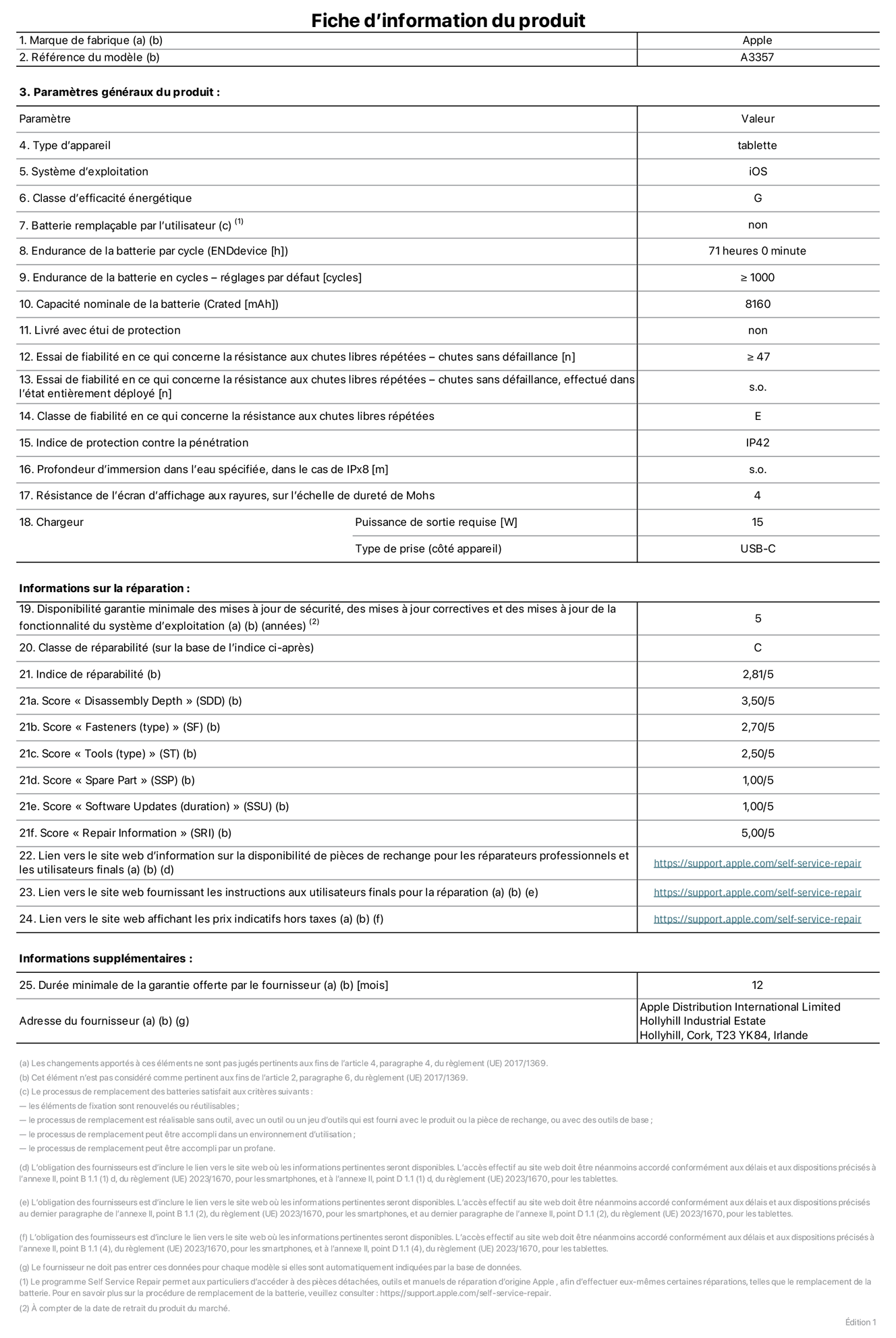 Fiche d’informations produit de l’iPad Pro 11 pouces M5 Wi‑Fi, modèle A3357. Fournie par Apple Distribution International Limited, Hollyhill Industrial Estate. Cork, T23 YK84, Irlande. Type d’appareil : tablette. Système d’exploitation : iOS. Classe d’efficacité énergétique : G. Batterie remplaçable par l’utilisateur : non. Endurance de la batterie par cycle : 71 heures. Endurance de la batterie en cycles – réglages par défaut : supérieure ou égale à 1 000. Capacité nominale de la batterie : 8 160 mAh. Livré avec étui de protection : non. Essai de fiabilité en ce qui concerne la résistance aux chutes libres répétées – chutes sans défaillance : supérieur ou égal à 47. Essai de fiabilité en ce qui concerne la résistance aux chutes libres répétées – chutes sans défaillance, effectué dans l’état entièrement déployé : non applicable. Classe de fiabilité en ce qui concerne la résistance aux chutes libres répétées : E. Indice de protection contre la pénétration : IP42. Profondeur d’immersion dans l’eau spécifiée, dans le cas de l’IPx8 : non applicable. Résistance de l’écran d’affichage aux rayures sur l’échelle de dureté de Mohs : 4. Puissance de sortie requise du chargeur : 15 W. Type de prise (côté appareil) : USB‑C. Disponibilité garantie minimale des mises à jour de sécurité, des mises à jour correctives et des mises à jour de la fonctionnalité du système d’exploitation : 5 ans. Classe de réparabilité : C. Indice de réparabilité : 2,81/5. Score pour la profondeur de désassemblage (SDD) : 3,50/5. Score pour les éléments de fixation : 2,70/5. Score pour les outils : 2,50/5. Score pour les pièces de rechange : 1,00/5. Score pour la mise à jour des logiciels : 1,00/5. Score pour les informations concernant la réparation : 5,00/5. Lien vers le site web d’information sur la disponibilité des pièces de rechange pour les réparateurs professionnels et les utilisateurs finals : https://support.sg.aijiasu.xyz/self-service-repair. Lien vers le site web fournissant les instructions aux utilisateurs finals pour la réparation : https://support.sg.aijiasu.xyz/self-service-repair. Lien vers le site web affichant les prix indicatifs hors taxes : https://support.sg.aijiasu.xyz/self-service-repair. Garantie générale de 12 mois offerte.
