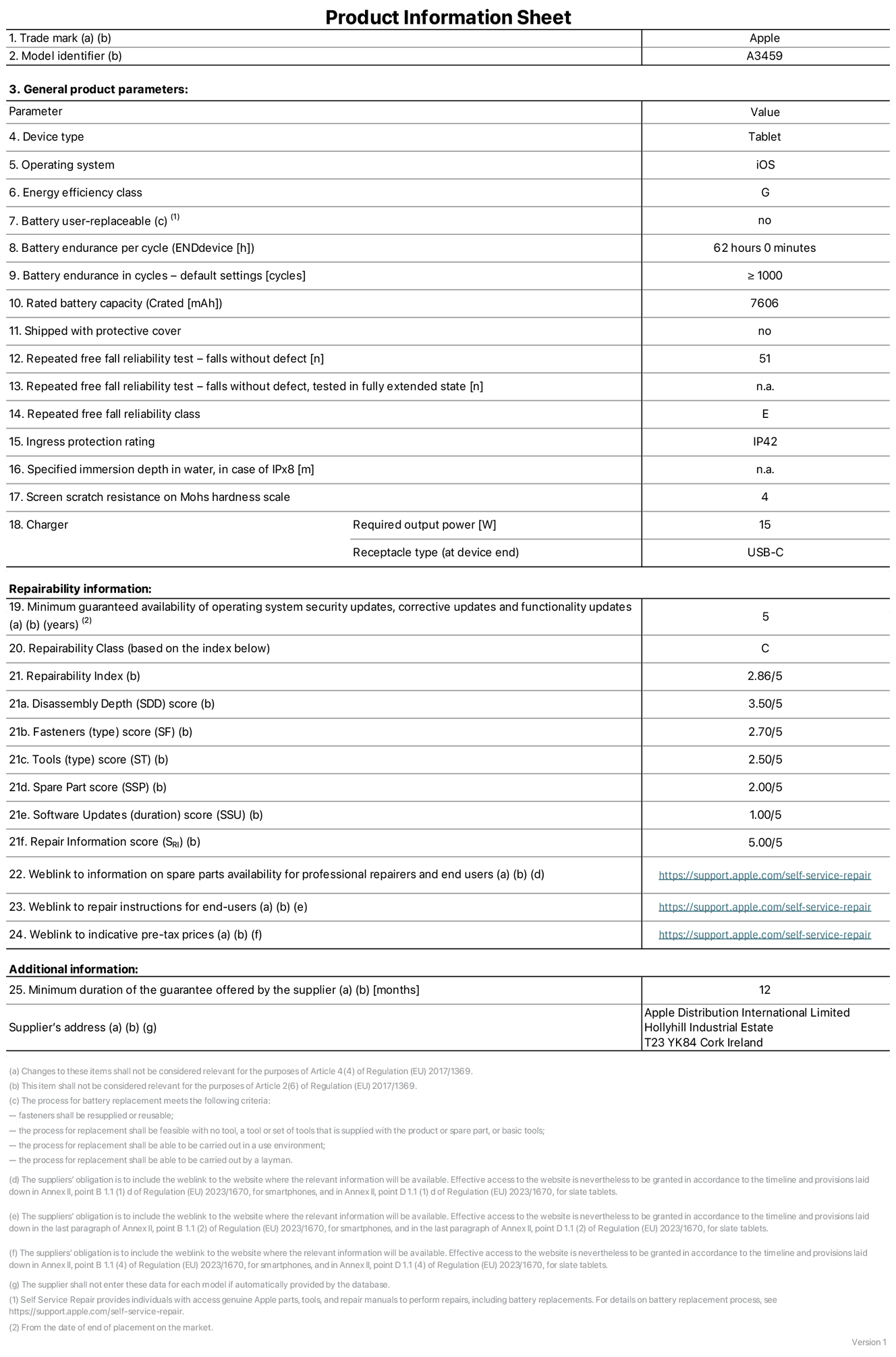Product information sheet for 11-inch iPad Air Wi‑Fi, model A3459. Supplied by Apple Distribution International Limited, Hollyhill Industrial Estate. Cork, Ireland, T23 YK84. Device type: tablet. Operating system: iOS. Energy efficiency class: G. Battery user-replaceable: no. Battery endurance per cycle: 62 hours. Battery endurance in cycles — default settings: greater than or equal to 1,000. Rated battery capacity: 7606 milliampere-hours. Shipped with protective cover: no. Repeated free fall reliability test - falls without defect: 51. Repeated free fall reliability test — falls without defect tested in fully extended state: not applicable. Repeated free fall in reliability class: E. Ingress protection rating: IP42. Specified immersion depth in water, in case of iPx8: not applicable. Screen scratch resistance on Mohs hardness scale: 4. Charger required output power: 15 watts. Charger receptacle type (at device end): USB‑C. Minimum guaranteed availability of operating system security updates, corrective updates and functionality updates: 5 years. Repairability class: C. Repairability index: 2.86/5. Disassembly Depth (SDD) score: 3.50/5. Fasteners score: 2.70/5. Tools score: 2.50/5. Spare part score: 2.00/5. Software updates score: 1.00/5. Repair information score: 5.00/5. Weblink to information on spare parts availability for professional repairers and end-users: https://support.sg.aijiasu.xyz/self-service-repair. Weblink to repair instructions for end-users: https://support.sg.aijiasu.xyz/self-service-repair. Weblink to indicative pre-tax prices: https://support.sg.aijiasu.xyz/self-service-repair. 12 month general guarantee offered.