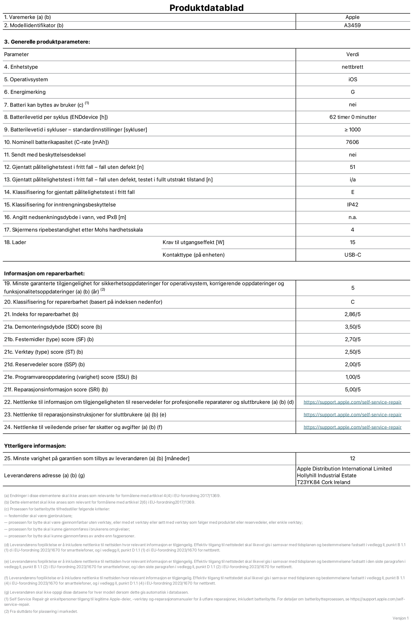 Produktdatablad for 11-tommers iPad Air Wi‑Fi – modell A3459. Levert av Apple Distribution International Limited, Hollyhill Industrial Estate. Cork, Irland, T23 YK84. Enhetstype: nettbrett. Operativsystem: iOS. Energieffektivitetsklasse: G. Batteriet kan byttes av brukeren: nei. Batteriets holdbarhet per ladesyklus: 62 timer. Batteriets holdbarhet i antall ladesykluser – standardinnstillinger: større enn eller lik 1000. Nominell batterikapasitet: 7606 mAh Leveres med beskyttelsesdeksel: nei. Holdbarhetstest ved gjentatte fall – antall fall uten feil: 51. Holdbarhetstest ved gjentatte fall – antall fall uten feil i helt utfoldet tilstand: ikke relevant. Holdbarhetsklasse ved gjentatte fall: E. Kapslingsgrad: IP42. Angitt nedsenkingsdybde i vann ved IPx8: ikke relevant. Skjermens ripefasthet på Mohs skala: 4. Krav til laderens utgangseffekt: 15 watt. Laderens stikkontakt (på enhetssiden): USB‑C. Minstegaranti for tilgang på sikkerhetsoppdateringer, feilrettinger og funksjonsoppdateringer til operativsystemet: 5 år. Reparerbarhetsklasse: C. Reparerbarhetsindeks: 2,86/5. Demontering: 3,50/5. Festeanordninger: 2,70/5. Verktøy: 2,50/5. Reservedeler: 2,00/5. Programvareoppdateringer: 1,00/5. Informasjon om reparasjon: 5,00/5. Lenke til informasjon om tilgjengelighet for reservedeler for profesjonelle reparatører og sluttbrukere: https://support.sg.aijiasu.xyz/self-service-repair. Lenke til reparasjonsveiledning for sluttbrukere: https://support.sg.aijiasu.xyz/self-service-repair. Lenke til veiledende priser ekskl. mva: https://support.sg.aijiasu.xyz/self-service-repair. Produktet omfattes av en 12-måneders generell garanti.