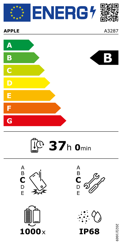 EU-energielabel, QR-code en informatie, Apple model A3287, klasse B, energie-efficiëntieklassen (met schaal van A tot G), A (meest efficiënt) tot G (minst efficiënt), batterijduur per cyclus, 37 uur en 0 minuten per keer volledig opladen, betrouwbaarheidsklasse C bij herhaaldelijke vrije val, A (meest robuust) tot E (minst robuust), repareerbaarheidsklasse C, A (gemakkelijkst repareerbaar) tot E (moeilijkst repareerbaar), levensduur batterij 1000 cycli, classificatie IP68 voor bescherming tegen binnendringen van stof en water (IP), verordening 2023/1669.