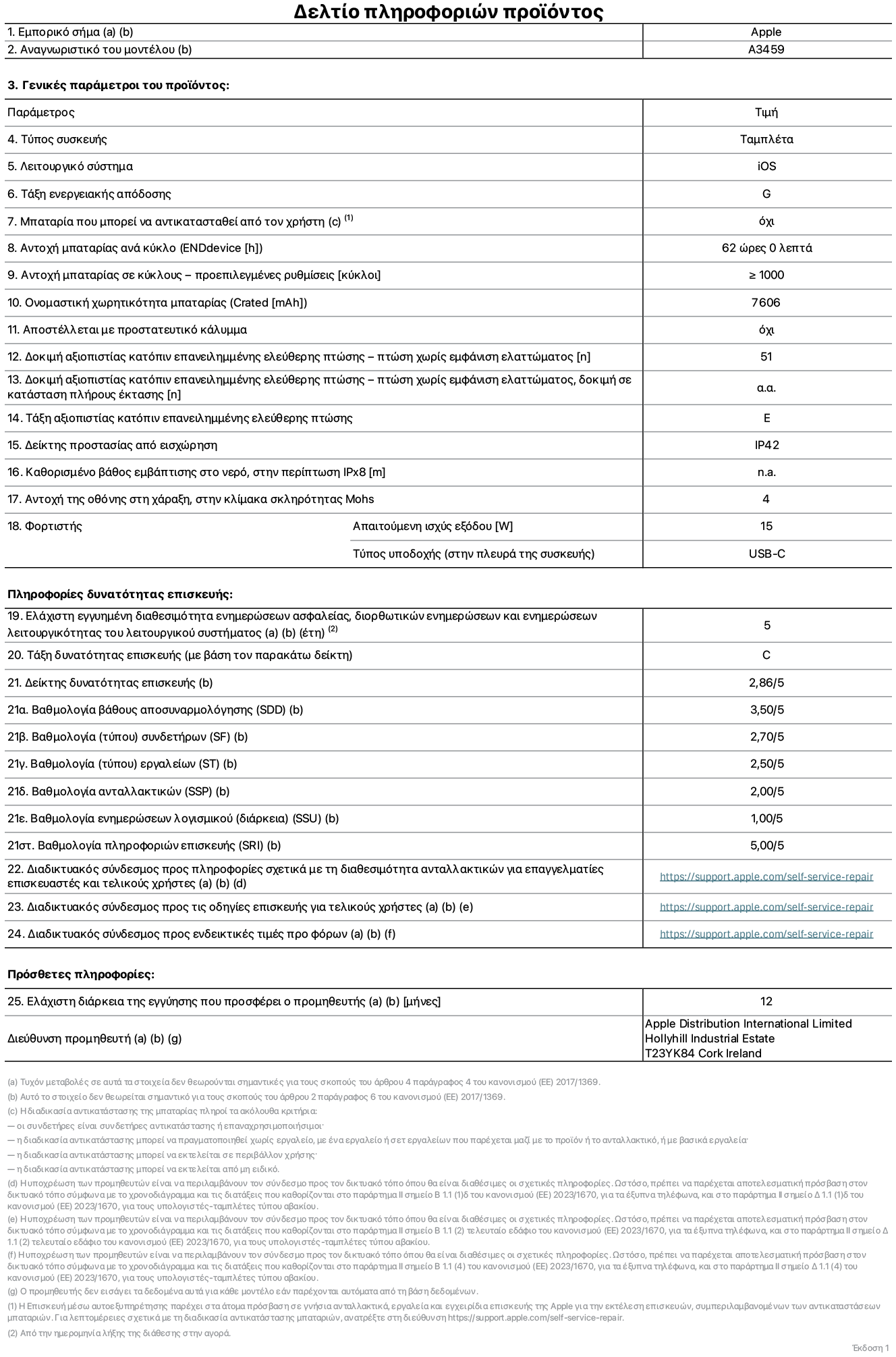 Φύλλο πληροφοριών προϊόντος για το iPad Air Wi-Fi 11 ιντσών, μοντέλο A3459. Παρέχεται από την Apple Distribution International Limited, Hollyhill Industrial Estate. Cork, Ιρλανδία, T23 YK84. Τύπος συσκευής: τάμπλετ. Λειτουργικό σύστημα: iOS. Τάξη ενεργειακής απόδοσης: G. Δυνατότητα αντικατάστασης μπαταρίας από τον χρήστη: όχι. Αντοχή μπαταρίας ανά κύκλο: 62 ώρες. Αντοχή μπαταρίας σε κύκλους - προεπιλεγμένες ρυθμίσεις: μεγαλύτερη ή ίση του 1.000. Ονομαστική χωρητικότητα μπαταρίας: 7.606 μιλιαμπέρ-ώρα. Αποστέλλεται με προστατευτικό κάλυμμα: όχι. Δοκιμή αξιοπιστίας κατόπιν επανειλημμένης ελεύθερης πτώσης, πτώσεις χωρίς βλάβη: περισσότερες ή ίσες με 51. Δοκιμή αξιοπιστίας κατόπιν επανειλημμένης ελεύθερης πτώσης, πτώσεις χωρίς βλάβη σε κατάσταση πλήρους έκτασης: μη διαθέσιμο. Τάξη αξιοπιστίας κατόπιν επανειλημμένης ελεύθερης πτώσης: E. Αξιολόγηση προστασίας από εισχώρηση: IP42. Καθορισμένο βάθος εμβύθισης σε νερό, σε περίπτωση iPx8: μη διαθέσιμο. Ανθεκτικότητα οθόνης στις γρατζουνιές στην κλίμακα σκληρότητας Mohs: 4. Απαιτούμενη ισχύς εξόδου φορτιστή: 15 W. Τύπος υποδοχής ηλεκτρικού ρεύματος φορτιστή (στο άκρο της συσκευής): USB-C. Ελάχιστη εγγυημένη διαθεσιμότητα ενημερώσεων ασφαλείας, διορθωτικών ενημερώσεων και ενημερώσεων λειτουργικότητας λειτουργικού συστήματος: 5 έτη. Τάξη επιδιορθωσιμότητας: C. Δείκτης επιδιορθωσιμότητας: 2,86/5. Βαθμολογία βάθους αποσυναρμολόγησης (SDD): 3,50/5. Βαθμολογία συνδετήρων: 2,70/5. Βαθμολογία εργαλείων: 2,50/5. Βαθμολογία ανταλλακτικών: 2.00/5. Βαθμολογία ενημερώσεων λογισμικού: 1,00/5. Βαθμολογία πληροφοριών επιδιόρθωσης: 5,00/5. Διαδικτυακός σύνδεσμος με πληροφορίες για τη διαθεσιμότητα ανταλλακτικών για επαγγελματίες τεχνικούς και τελικούς χρήστες: https://support.sg.aijiasu.xyz/self-service-repair. Διαδικτυακός σύνδεσμος με πληροφορίες επιδιόρθωσης για τελικούς χρήστες: https://support.sg.aijiasu.xyz/self-service-repair. Διαδικτυακός σύνδεσμος με ενδεικτικές τιμές προ φόρου: https://support.sg.aijiasu.xyz/self-service-repair. Προσφέρεται 12μηνη γενική εγγύηση.