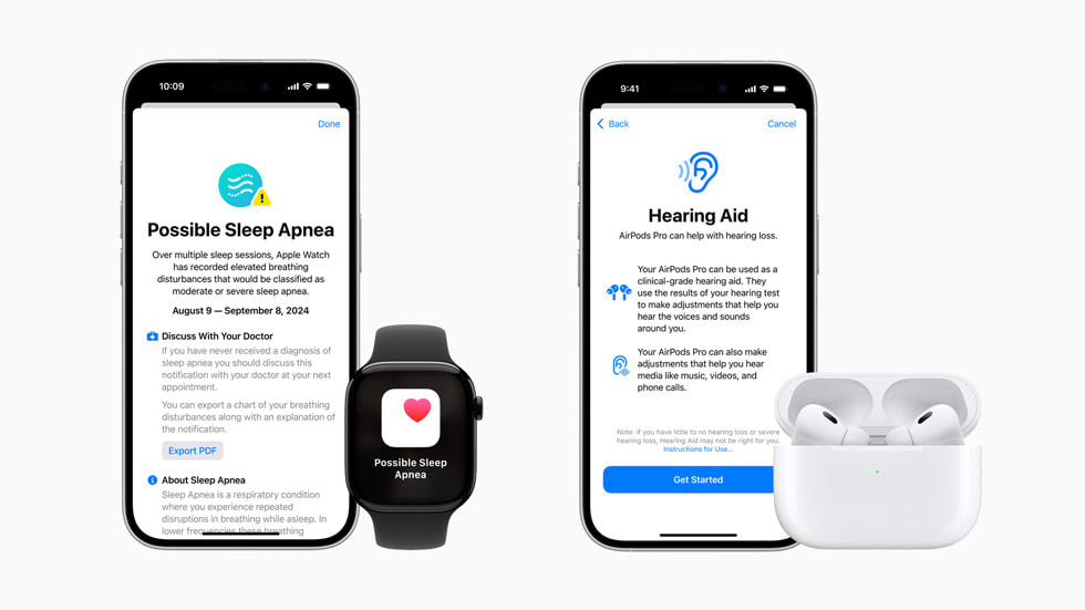 Twee exemplaren van iPhone 16 Pro met de nieuwe features Slaapapneu en Gehoorapparaat.