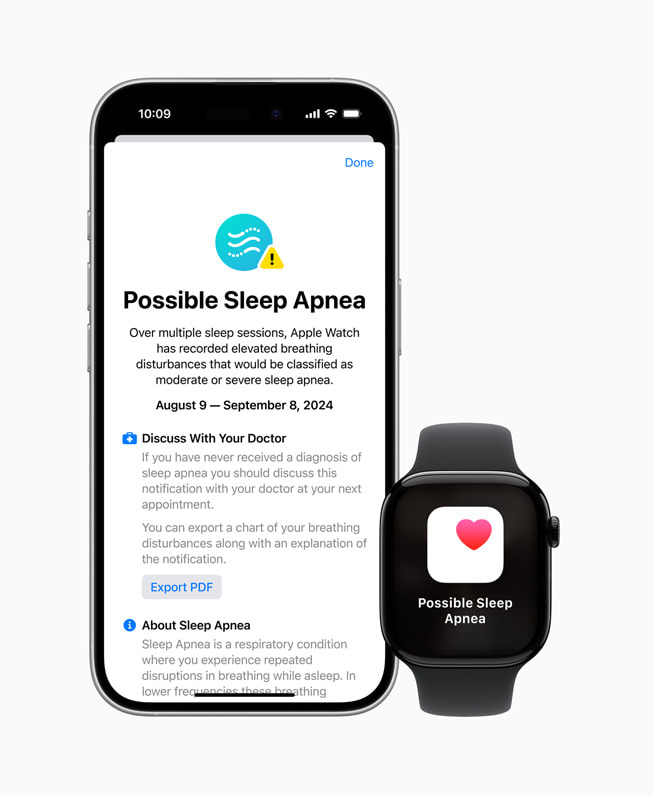 De nieuwe feature Slaapapneumeldingen op Apple Watch Series 10 en iPhone 16 Pro.