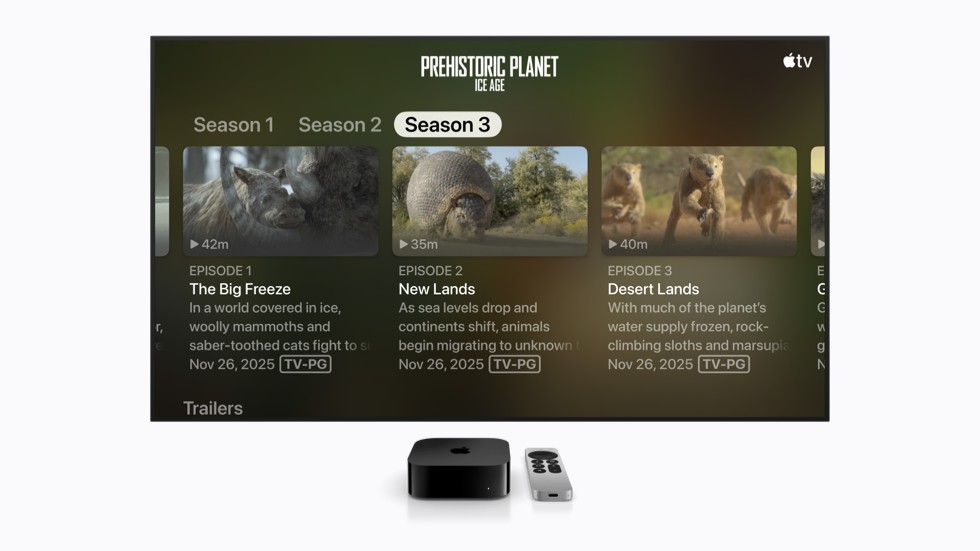 ‫واجهة Apple TV تعرض قائمة لبرنامج "Prehistoric Planet: Ice Age" بحجم نص أكبر.‬
