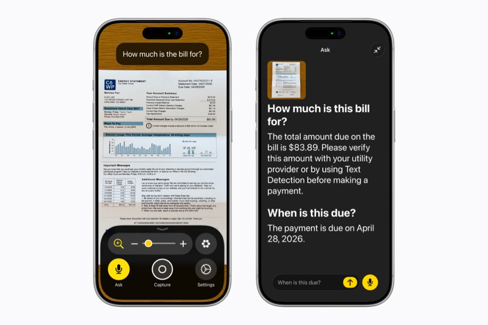 شاشة iPhone ‫تعرض على اليسار تطبيق المكبر أثناء التقاط فاتورة كهرباء، ويسأل المستخدم: "ما قيمة الفاتورة؟"‬ ‫بينما تعرض شاشة iPhone على اليمين إجابة مفصلة تتضمن المبلغ الإجمالي المستحق وتاريخ الاستحقاق.‬