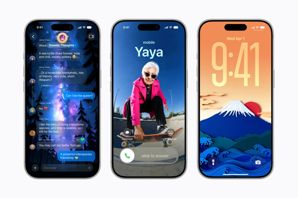 Pantallas de tres iPhone 17 Pro que muestran el uso de Image Playground, una con la app Mensajes, otra con un Póster de Contacto y otra con un fondo de la pantalla bloqueada.