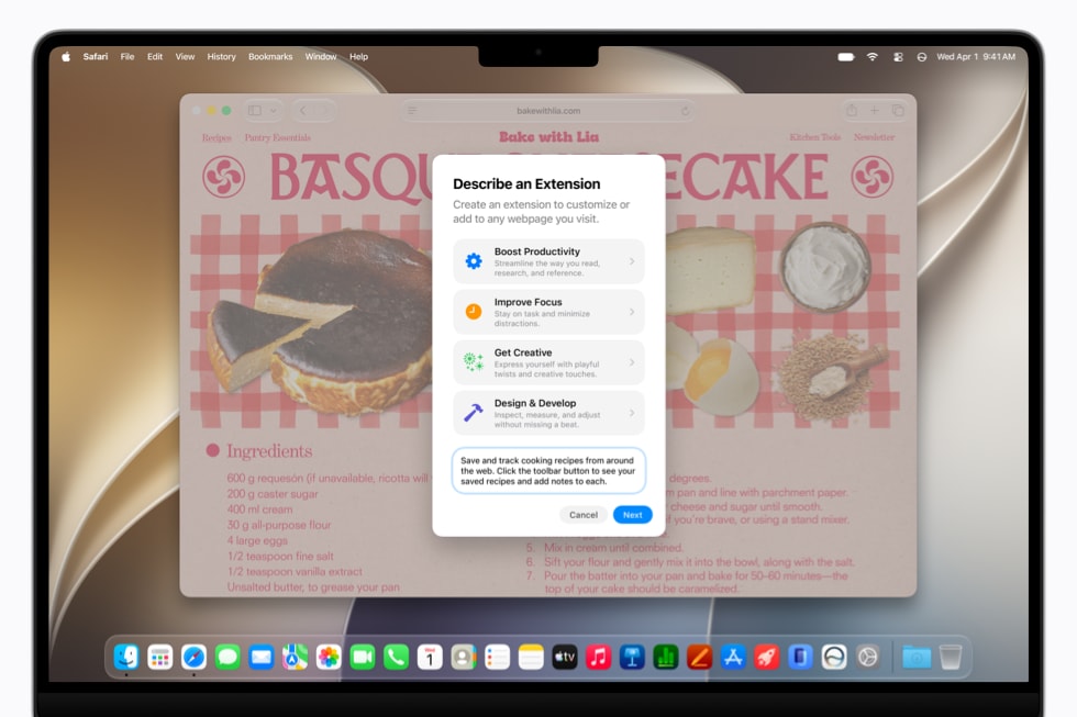 Pantalla de una MacBook Pro de 14 pulgadas que muestra un cuadro de diálogo de Safari para la funcionalidad Crear Extensión en un sitio web de repostería.