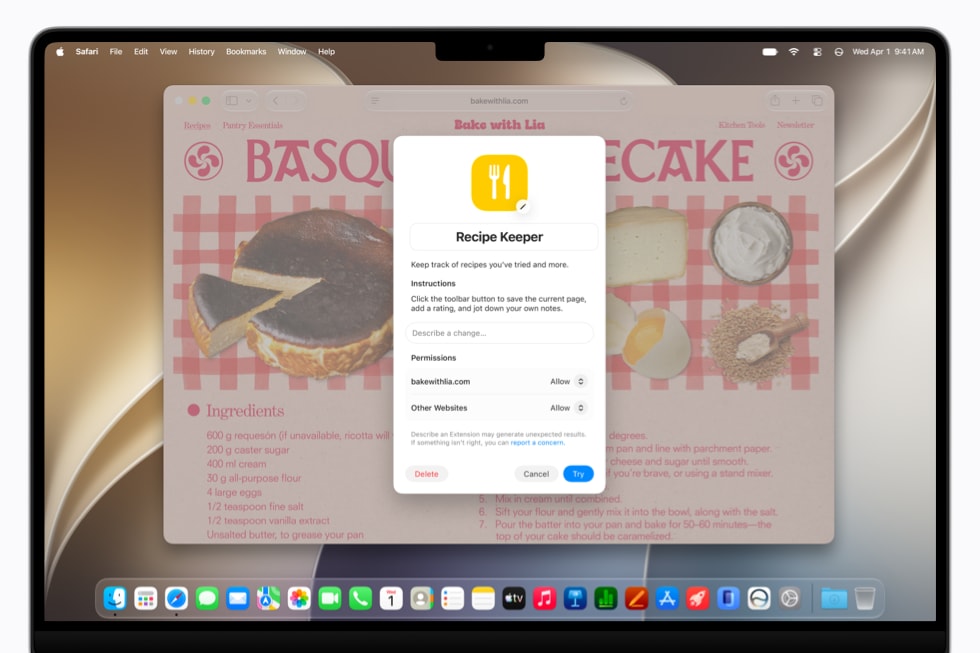 Pantalla de una MacBook Pro de 14 pulgadas que muestra un cuadro de diálogo de Safari para Recipe Keeper en un sitio web de repostería.