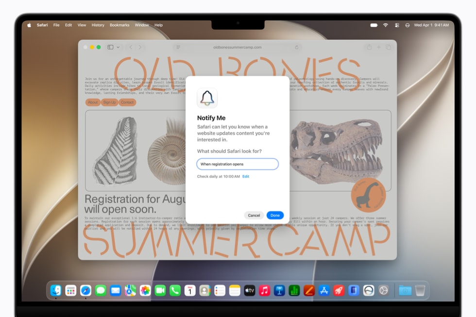 Pantalla de una MacBook Pro de 14 pulgadas que muestra la funcionalidad Notificarme en el sitio web de un campamento de verano.