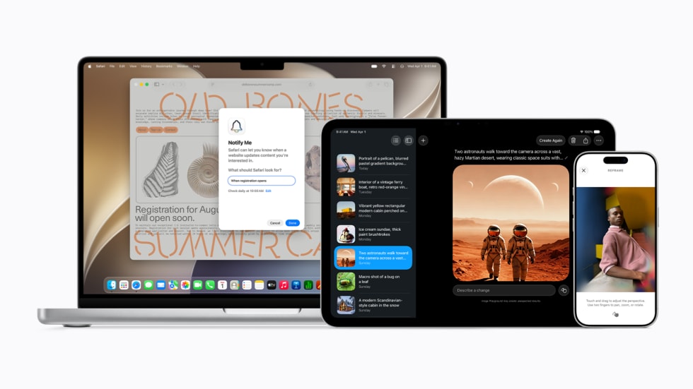 Un Apple Vision Pro, una MacBook Pro de 14 pulgadas, un iPad Pro de 11 pulgadas y un iPhone 17 Pro muestran varias interfaces de usuario para Apple Intelligence.