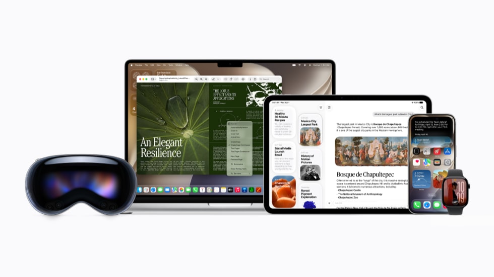 تشكيلة من منتجات Apple، تشمل Apple Vision Pro، وMacBook، وiPad، وiPhone 17 Pro، وApple Watch، وكلها تعرض واجهات مختلفة.