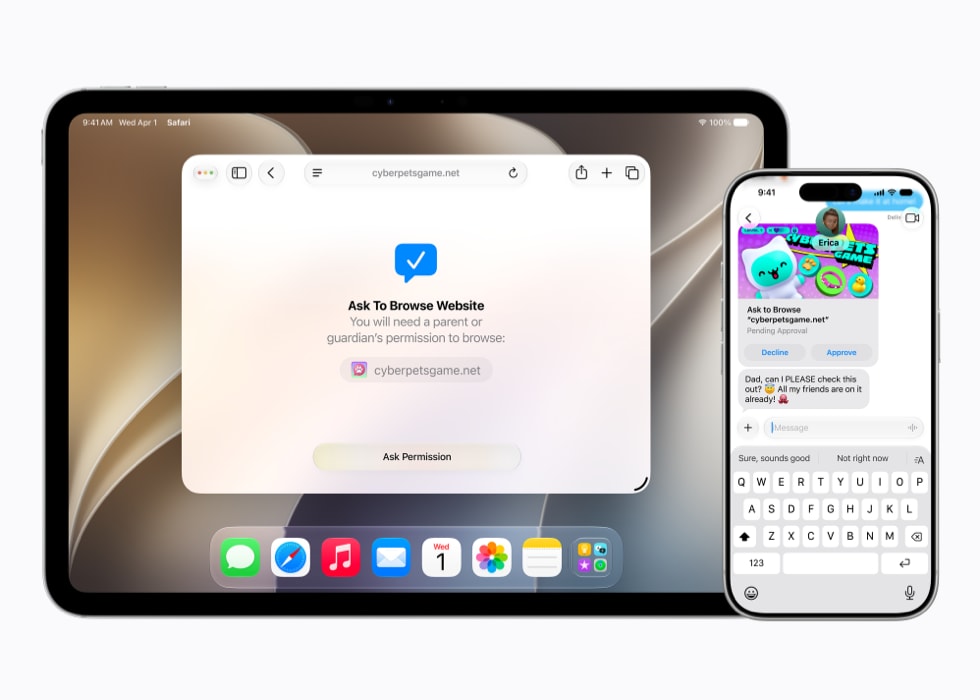 Een 11-inch iPad Pro met een ‘Vraag om te bladeren’-melding en een iPhone 17 Pro met het goedkeuringsverzoek in Berichten.
