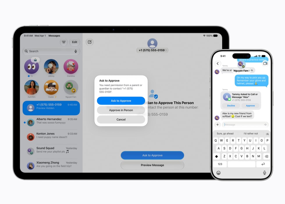 Een 11-inch iPad Pro met een ‘Vraag om goed te keuren’-melding in Berichten, en ernaast een iPhone 17 Pro met het bijbehorende goedkeuringsverzoek, ook in Berichten.