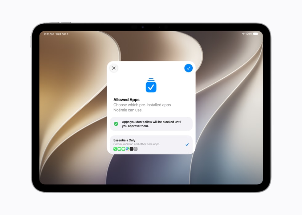 Een 11-inch iPad Pro met opties voor essentiële apps en een aanbevolen startset in de Configuratie-assistent voor toegestane apps.