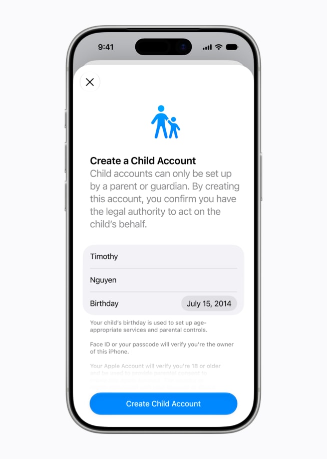 Een iPhone 17 Pro met velden voor de naam en geboortedatum in de interface om een kinderaccount te maken.
