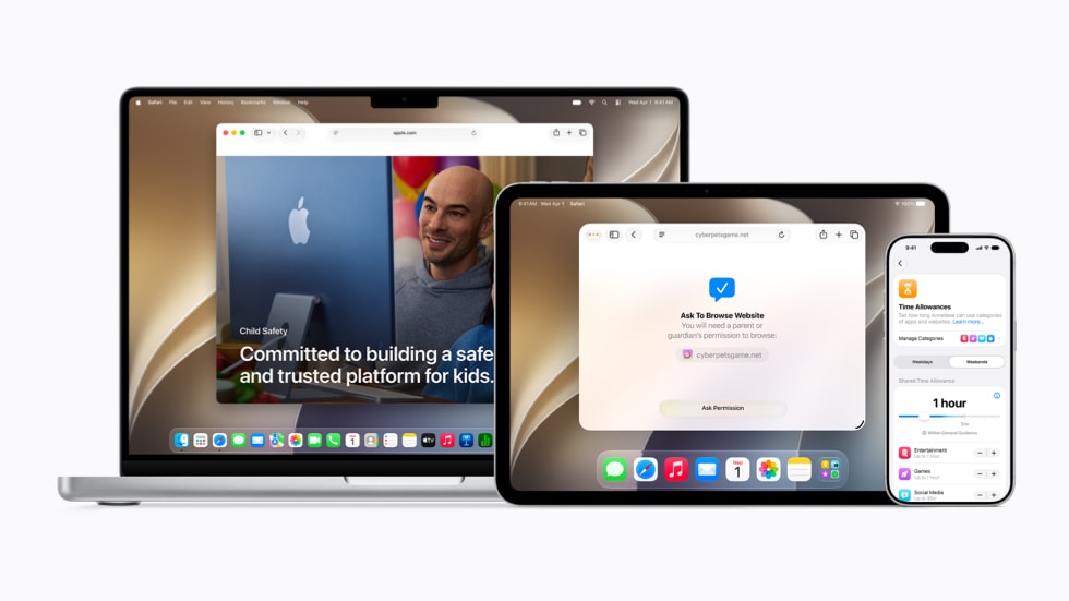 Een 14-inch MacBook Pro, een 11-inch iPad Pro en een iPhone 17 Pro naast elkaar, met op elk scherm vernieuwde veiligheidsfeatures voor kinderen.