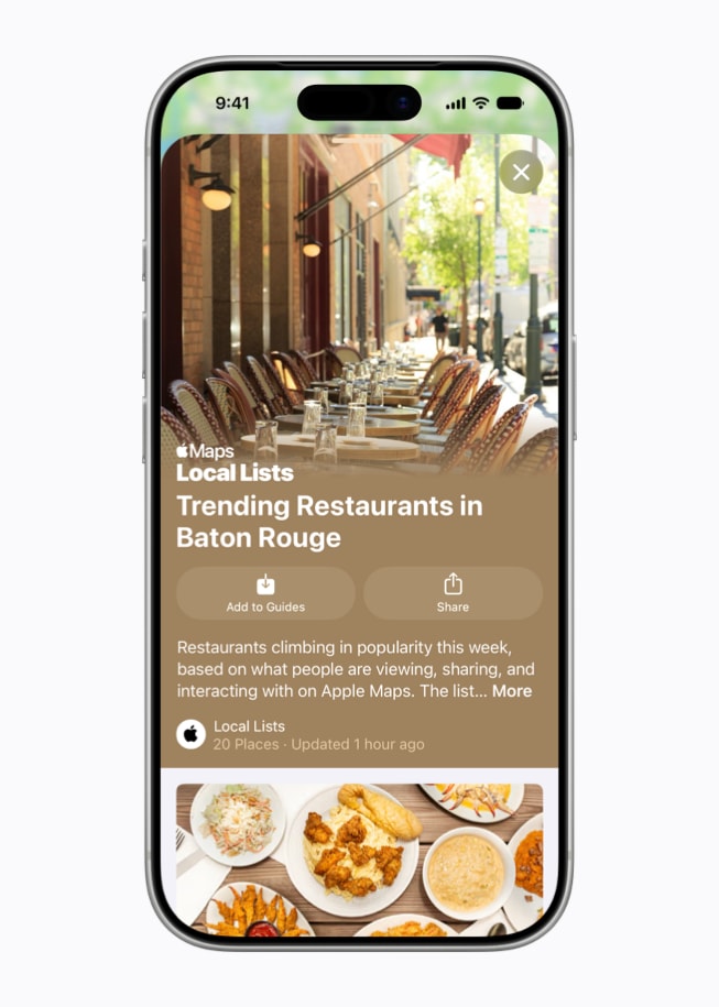 Lokale lijsten op iPhone 17 Pro met populaire restaurants in Baton Rouge.