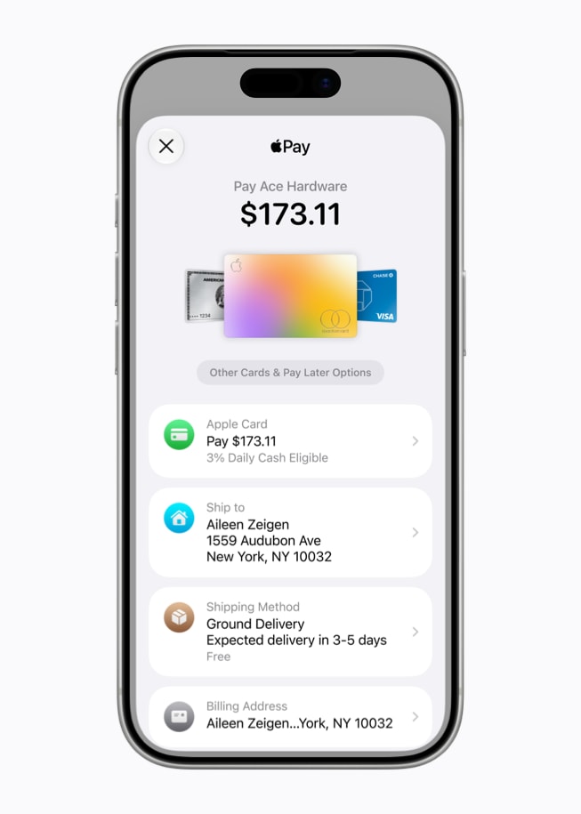 iPhone 17 Pro met daarop een Apple Pay-scherm met het totaalbedrag van een transactie, gegevens van een Apple Card, het verzendadres van de gebruiker, de verzendmethode en het factuuradres van de gebruiker.