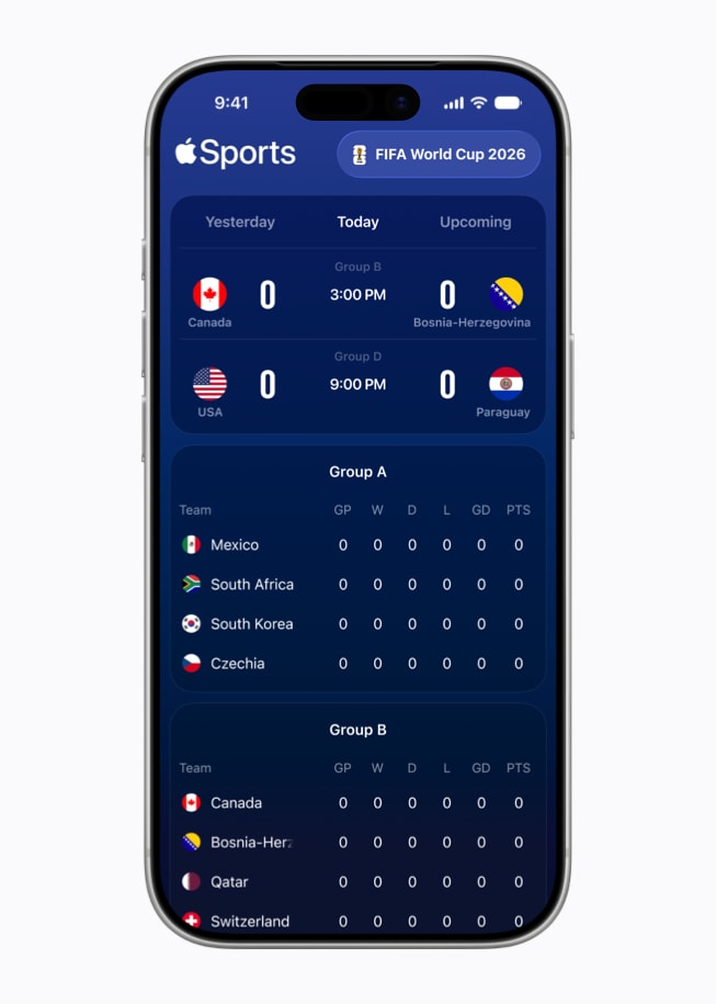 De Apple Sports-app op iPhone 17 Pro, met wedstrijden van het FIFA-wereldkampioenschap van 2026.
