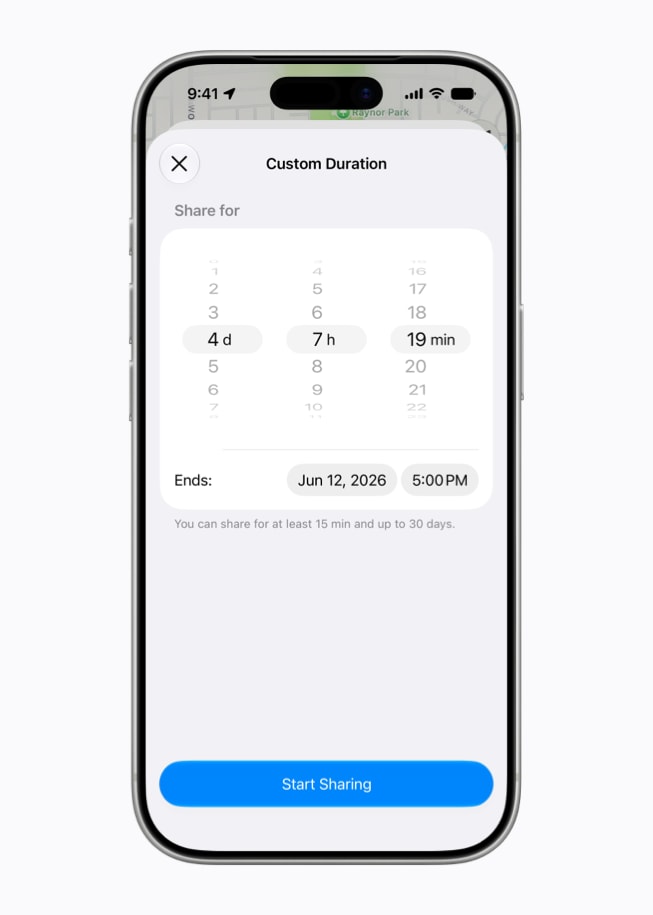 iPhone 17 Pro met een Zoek Mijn-scherm waarop een aangepaste tijdsduur wordt ingesteld voor vier dagen, zeven uur en 19 minuten.
