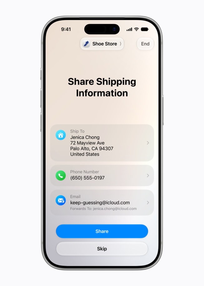 iPhone 17 Pro met een melding om verzendgegevens te delen met een schoenenwinkel.