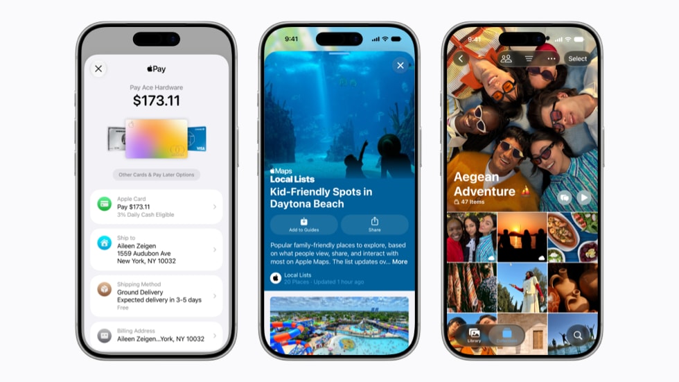 Drie iPhone 17 Pro-schermen met verschillende Apple diensten.