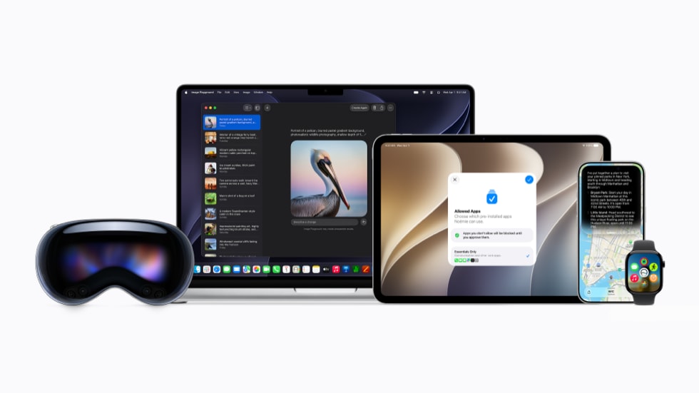 Image représentant un Apple Vision Pro, un MacBook, un iPad, un iPhone, une Apple Watch et une Apple TV.