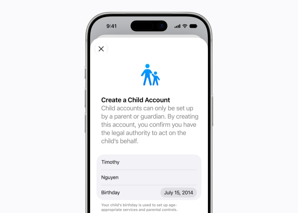Un iPhone 17 Pro affiche la page de configuration pour un compte enfant.