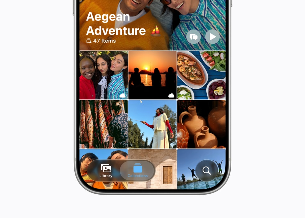 Un iPhone 17 Pro montre un album dans Photos intitulé « Aventure en mer Égée ».