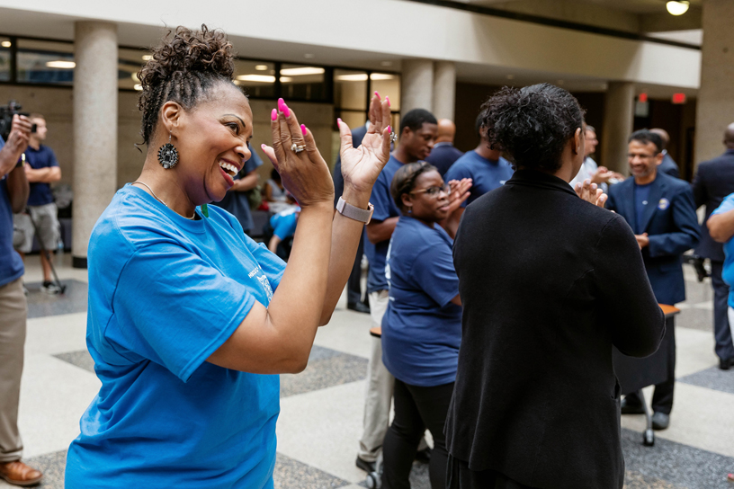 Attendees applauding at the app showcase for Apple’s Teacher Coding Academies in Nashville.