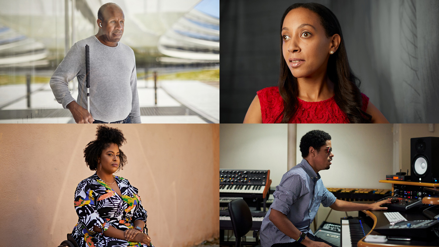 Arranged in a grid, four portraits featuring, clockwise from top left, Dean Hudson, Haben Girma, Matthew Whitaker, and Tatiana Lee.