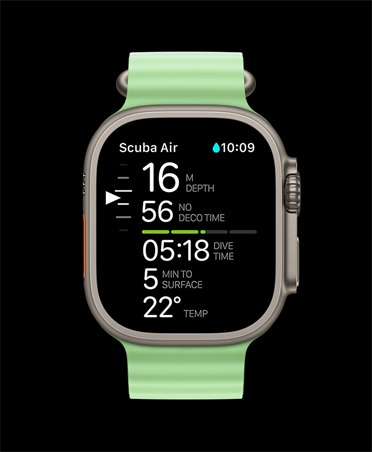Apple Watch Ultra 3, culoare natural, carcasă din titan, măsurători de scufundare Oceanic+: adâncime, timp de decompresie, timp de scufundare, minute până la suprafață, temperatura apei, curea Oceanică, culoare Verde neon