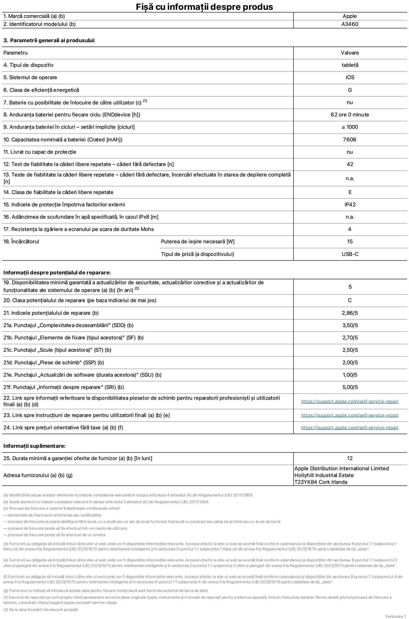 Fișă cu informații despre produs pentru iPad Air Wi-Fi + Cellular de 11 inchi, model A3460. Furnizată de Apple Distribution International Limited, Hollyhill Industrial Estate. Cork, Irlanda, T23 YK84. Tipul de dispozitiv: tabletă. Sistemul de operare: iOS. Clasa de eficiență energetică: G. Baterie cu posibilitate de înlocuire de către utilizator: nu. Anduranța bateriei pentru fiecare ciclu: 62 de ore. Anduranța bateriei în cicluri – setări implicite: mai mare sau egală cu 1000. Capacitatea nominală a bateriei: 7606 miliamperi-oră. Livrat cu capac de protecție: nu. Test de fiabilitate la căderi libere repetate – căderi fără defectare: mai mare sau egal cu 42. Test de fiabilitate la căderi libere repetate – căderi fără defectare, încercări efectuate în starea de depliere completă: nu se aplică. Clasa de fiabilitate la căderi libere repetate: E. Indicele de protecție împotriva factorilor externi: IP42. Adâncimea de scufundare în apă specificată, în cazul IPx8: nu se aplică. Rezistența la zgâriere a ecranului pe scara de duritate Mohs: 4. Puterea de ieșire necesară pentru încărcător: 15 wați. Tipul de priză pentru încărcător (a dispozitivului): USB-C. Disponibilitatea minimă garantată a actualizărilor de securitate, a actualizărilor corective și a actualizărilor de funcționalitate ale sistemului de operare: 5 ani. Clasa potențialului de reparare: C. Indicele potențialului de reparare: 2,86/5. Punctajul „Complexitatea dezasamblării” (SDD): 3,50/5. Punctajul „Elemente de fixare”: 2,70/5. Punctajul „Scule”: 2,50/5. Punctajul „Piese de schimb”: 2,00/5. Punctajul „Actualizări de software”: 1,00/5. Punctajul „Informații despre reparare”: 5,00/5. Link spre informații referitoare la disponibilitatea pieselor de schimb pentru reparatorii profesioniști și utilizatorii finali: https://support.sg.aijiasu.xyz/self-service-repair. Link spre instrucțiuni de reparare pentru utilizatorii finali: https://support.sg.aijiasu.xyz/self-service-repair. Link spre prețuri orientative fără taxe: https://support.sg.aijiasu.xyz/self-service-repair. Garanție generală oferită: 12 luni.
