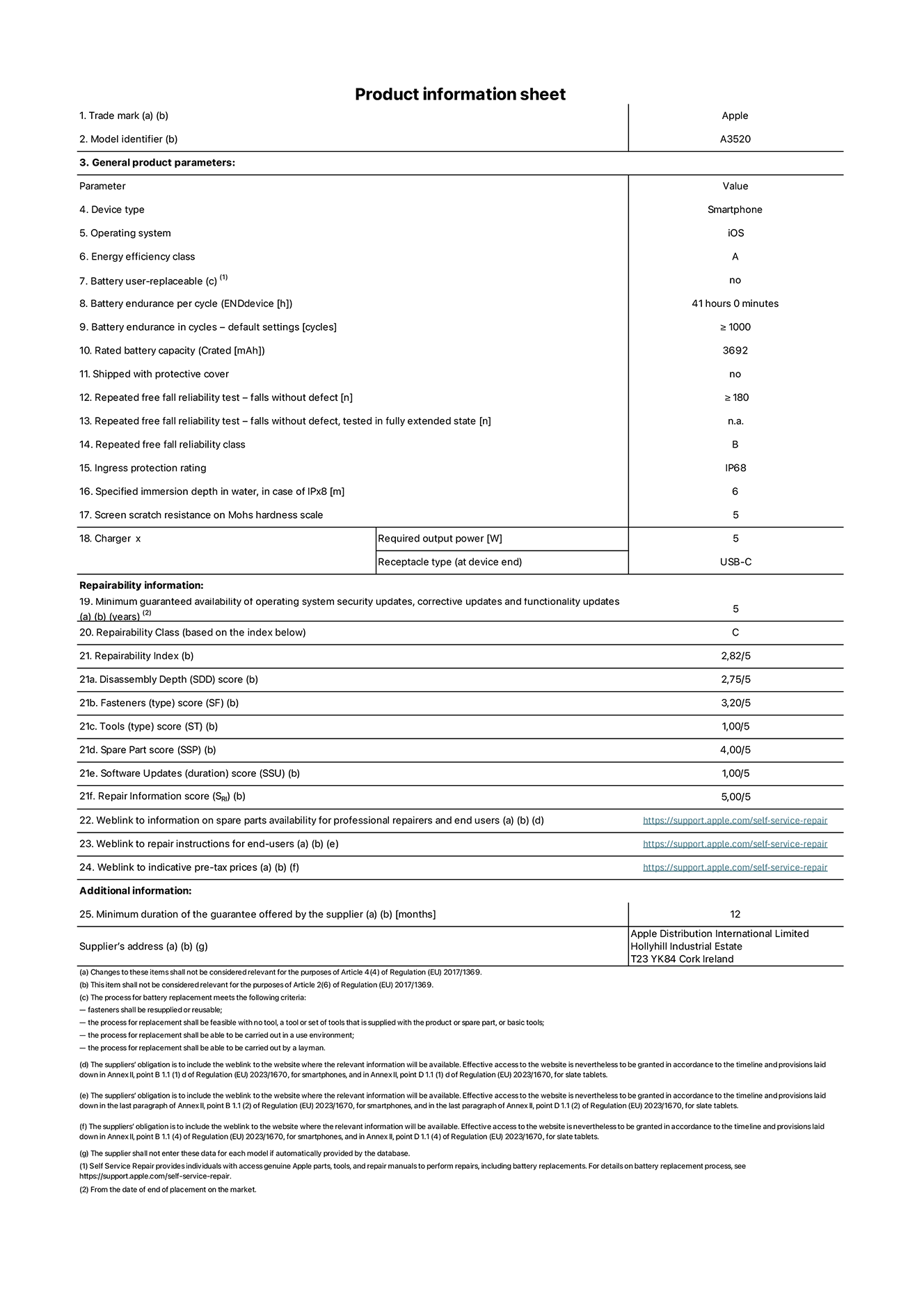 Product information sheet for iPhone 17, model A3520. Supplied by Apple Distribution International Limited, Hollyhill Industrial Estate. Cork, Ireland, T23 YK84. Device type: smartphone. Operating system: iOS. Energy efficiency class: A. Battery user-replaceable: no. Battery endurance per cycle: 41 hours. Battery endurance in cycles - default settings: greater than or equal to 1,000. Rated battery capacity: 3,692 milliampere-hours. Shipped with protective cover: no. Repeated free fall reliability test - falls without defect: greater than or equal to 180. Repeated free fall reliability test - falls without defect tested in fully extended state: not applicable. Repeated free fall in reliability class: B. Ingress protection rating: IP68. Specified immersion depth in water, in case of iPx8: 6 metres. Screen scratch resistance on Mohs hardness scale: 5. Charger required output power: 5 watts. Charger receptacle type (at device end): USB-C. Minimum guaranteed availability of operating system security updates, corrective updates and functionality updates: 5 years. Repairability class: C. Repairability index: 2.82/5. Disassembly Depth (SDD) score: 2.75/5. Fasteners score: 3.20/5. Tools score: 1.00/5. Spare part score: 4.00/5. Software updates score: 1.00/5. Repair information score: 5.00/5. Weblink to information on spare parts availability for professional repairers and end-users: https://support.sg.aijiasu.xyz/self-service-repair. Weblink to repair instructions for end-users: https://support.sg.aijiasu.xyz/self-service-repair. Weblink to indicative pre-tax prices: https://support.sg.aijiasu.xyz/self-service-repair. 12-month general guarantee offered.