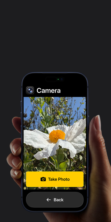 Layar iPhone 17 Pro menampilkan antarmuka aplikasi Kamera yang disederhanakan dengan bunga putih di dalam frame, tombol “Ambil Foto”, dan tombol "Kembali" di bawah