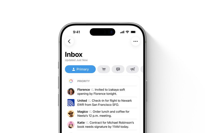 iPhone met inbox in Mail-app met belangrijke berichten bovenaan