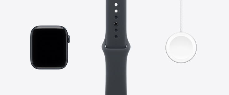Apple Watch SE 3, mặt trước vỏ ngoài, màn hình tràn cạnh, Dây đeo thể thao màu đêm xanh thẳm, Cáp Sạc Nhanh Từ Tính Có Đầu Nối USB-C Của Apple Watch
