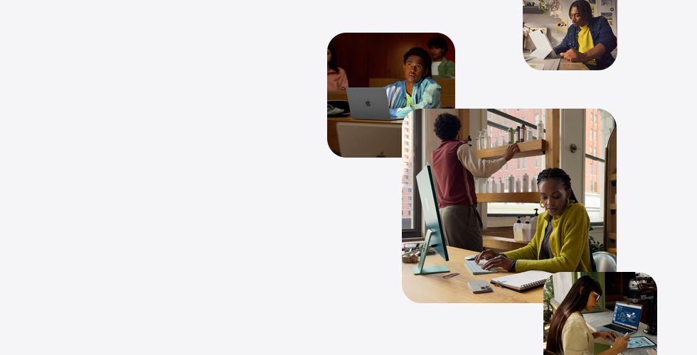 Varias personas usando productos Apple para estudiar, trabajar, diseñar y dibujar.