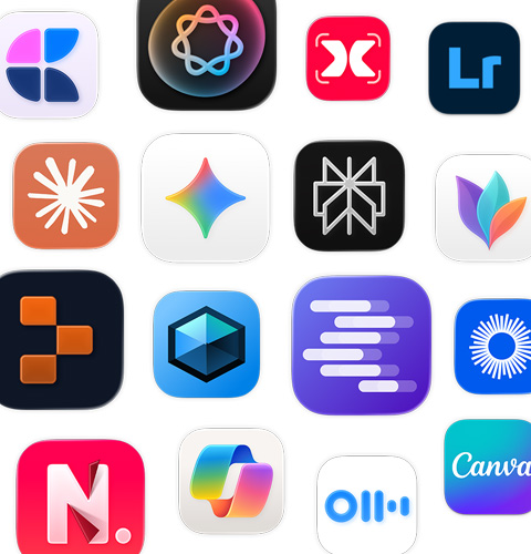 Un ensemble d’icônes d’apps d’IA, dont MindNode, Adobe Lightroom, Claude et Google Gemini