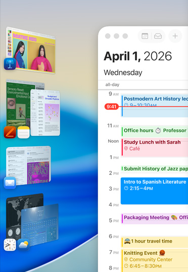Diverses apps Apple, dont Keynote, Pages, Notes et Mail, affichées en groupes sur un écran.