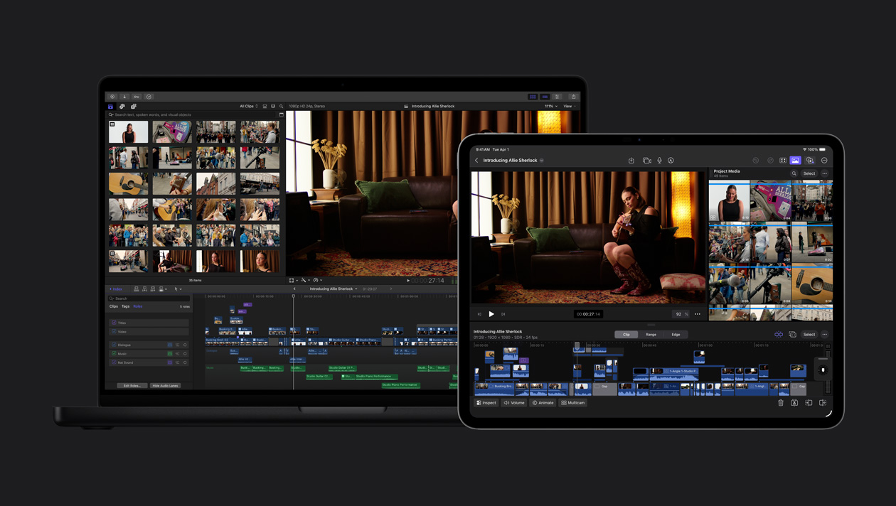 iPad Pro 13 and MacBook Pro 14 screens showing clips of woman playing guitar on sofa, clips from video at the bottom of iPad Pro screen, timeline at the bottom of MacBook Pro screen