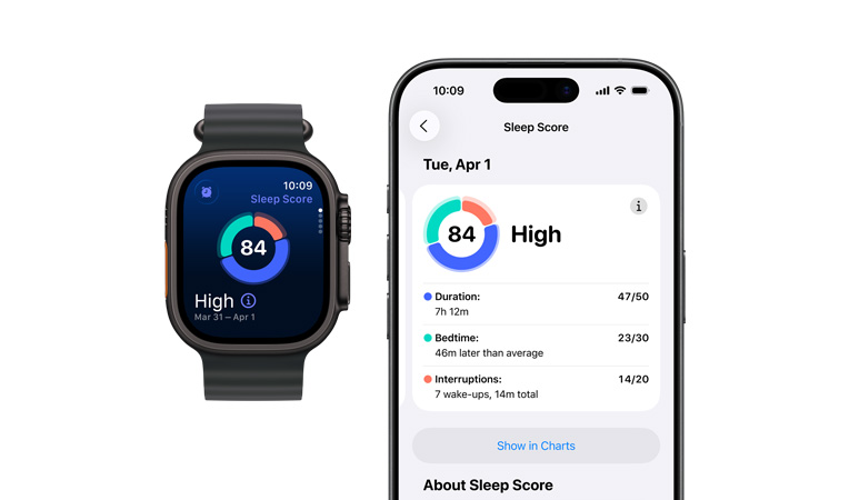 Apple Watch Ultra 3，黑色鈦金屬錶殼，展示睡眠分數圓圈圖表及評分、機身左側設有動作按鈕，機身右側設有數碼錶冠、側邊按鈕，配搭黑色海洋錶帶；已配對的 iPhone 上開啟了完整睡眠分析