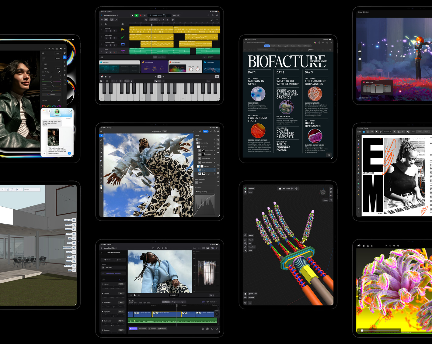 Meerdere iPad Pro-displays met creatieve projecten in iPadOS-apps, waaronder Logic Pro, Adobe Lightroom, Adobe Photoshop, Final Cut Pro, Trimble SketchUp, Microsoft Word, Procreate Dreams, Affinity Designer 2, Shapr3D, Octane X