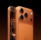 iPhone 17 Pro, color naranja cósmico, parte trasera en ángulo, sistema de cámaras Pro Fusion en el módulo superior, botón del Control de Cámara, parte delantera, pantalla de borde a borde, botón Acción y botones de volumen