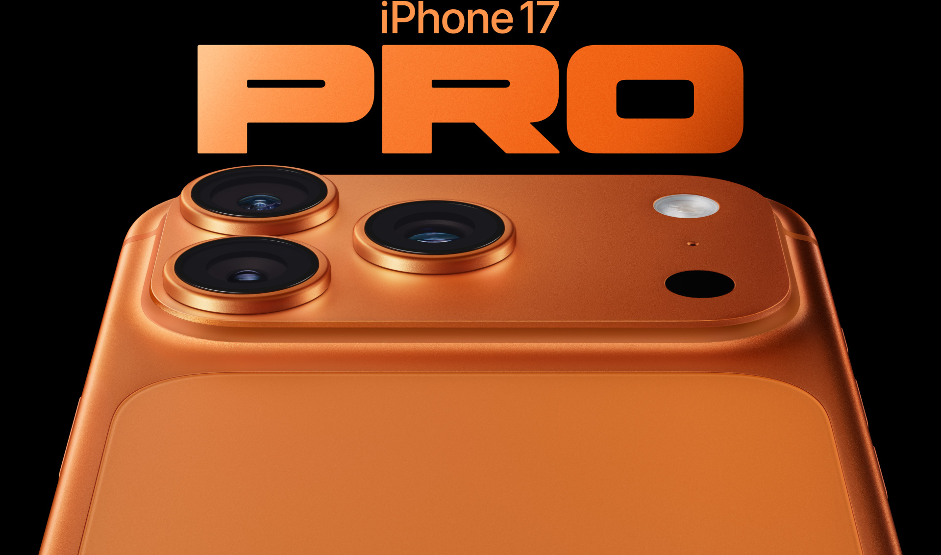 iPhone 17 Pro, acabado en naranja cósmico, parte trasera parcial, sistema de cámaras Pro en la esquina superior izquierda, tres objetivos, micrófono, flash